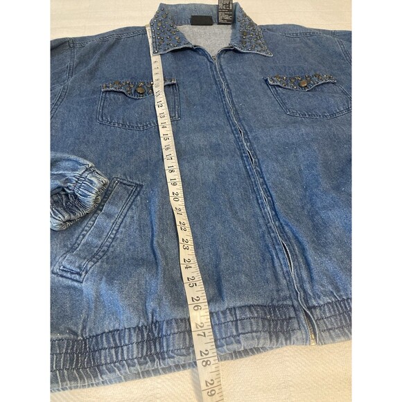 Vtg Y2K Denim Studded Jacket Rhinestones Blue Jean 1X Pockets OUT BROOK - Picture 8 of 11
